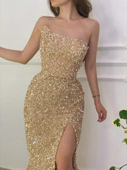 Hot Gold Sequin Prom Dresses Strapless Mermaid Formal Dresses