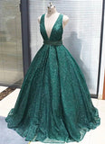 Hot Green Sequined Prom Dresses Long V Neck Ball Gown Quinceanera Dresses