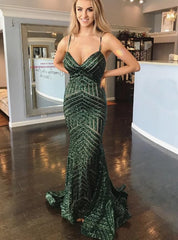 Hot Green Sequins Prom Dresses Mermaid Spaghetti Straps Backless
