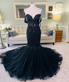 Hot Mermaid Lace Gothic Wedding Dresses Black Applique Off Shoulder