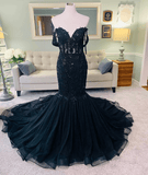 Hot Mermaid Lace Gothic Wedding Dresses Black Applique Off Shoulder