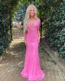 Hot Pink Lace Long Prom Dresses Mermaid V Neck Sexy Evening Dress UK