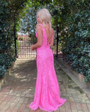 Hot Pink Lace Long Prom Dresses Mermaid V Neck Sexy Evening Dress UK