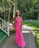 Hot Pink Long Lace Prom Dress Mermaid Formal Evening Dress Sleeveless