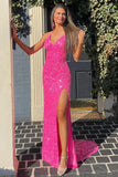 Hot Pink Sequins Evening Dresses UK Mermaid V Neck Long Prom Dresses with Slit