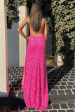 Hot Pink Sequins Evening Dresses UK Mermaid V Neck Long Prom Dresses with Slit