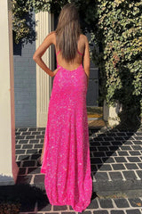 2024 Hot Pink Sequins Evening Dresses UK Mermaid V Neck Long Prom Dresses with Slit