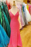 Hot Pink V Neck Sequins Long Prom Dresses Crossed Back Mermaid with Slit