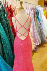 2024 Hot Pink V Neck Sequins Long Prom Dresses Crossed Back Mermaid with Slit