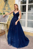 Hot V Neck Lace Prom Dresses Navy Blue Long Spaghetti Straps Evening Dresses