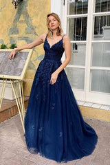 Hot V Neck Lace Prom Dresses Navy Blue Long Spaghetti Straps Evening Dresses