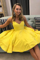Hot V Neck Yellow Short Prom Dress Satin Mini Homecoming Dress Sleeveless