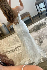 2024 White Lace Prom Dresses Square Neck Long Backless Mermaid Formal Dress UK