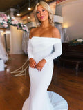 Hot White Satin Prom Dresses Long Sleeves Mermaid Wedding Dress Ruched