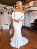 Hot White Satin Prom Dresses Long Sleeves Mermaid Wedding Dress Ruched