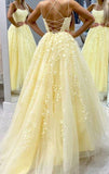 A Line Lace Yellow Homecoming Dresses Long Sleeveless Prom Dresses