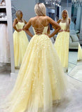 A Line Lace Yellow Homecoming Dresses Long Sleeveless Prom Dresses