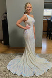 Iridescent Sequin One Shoulder Formal Dress Long Mermaid Evening Dress with Split