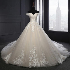 Custom Made A Line Long Tulle Lace Ivory Wedding Dresses with Train