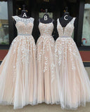 Simple Long Beaded Lace Tulle Prom Dresses Open Back
