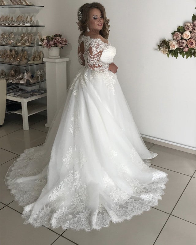 A line Lace Long Sleeves Plus Size Wedding Dresses Illusion Tulle Brid ...
