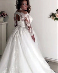 A line Lace Long Sleeves Plus Size Wedding Dresses Illusion Tulle Bridal Gown
