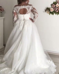 A line Lace Long Sleeves Plus Size Wedding Dresses Illusion Tulle Bridal Gown