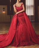 Hot Lace Mermaid Off the Shoulder Red Prom Dresses with Skirt