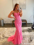 Lace Hot Pink Prom Dresses 2024 Mermaid V Neck Long Formal Dress