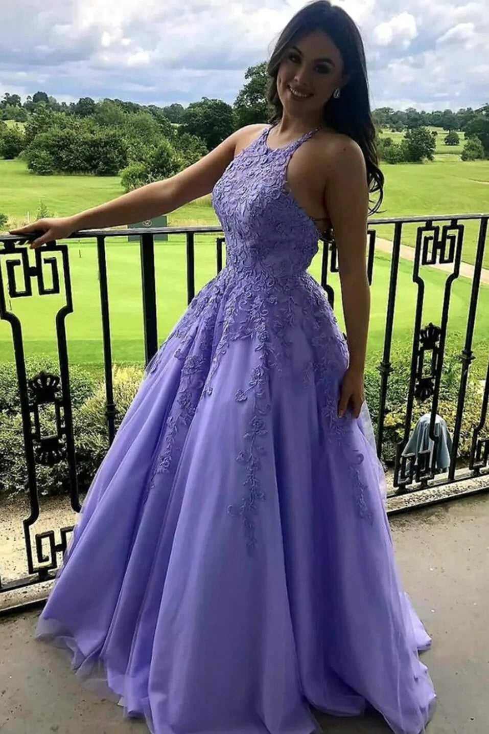A Line Lace 2024 Lavender Prom Dresses Violet Long Halter Evening Dres –  MyChicDress