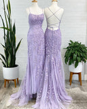 Lavender Lace Corset Prom Dresses Mermaid Scoop Neck Evening Dress with Beading