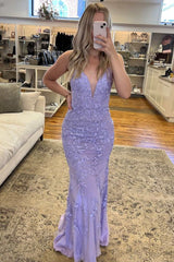Lavender Mermaid 2024 Prom Dress Long Appliques Plunge V Formal Dresses Backless