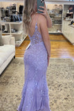 Lavender Mermaid Prom Dress Long Appliques Plunge V Formal Dresses Backless