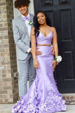 Lavender Two Piece Prom Dresses Mermaid Sleeveless with Flowers Appliques