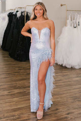 Light Blue Prom Dresses Sequin Feathers Mermaid Formal Gowns High Spilt MyChicDress