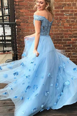 Light Blue 2 Piece Prom Dresses Off the Shoulder Flower Long Evening Gowns