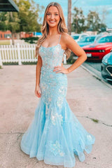 2024 Light Blue Long Prom Dress Lace Appliques Straps Mermaid Formal Dress Lace-Up