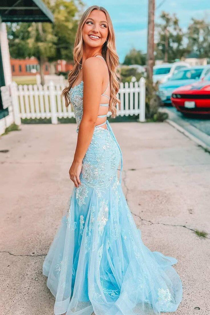 Light Blue Long Prom Dress Lace Appliques Straps Mermaid Formal Dress ...