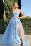 Long Light Blue Prom Dress Backless Floral Lace Formal Evening Dress
