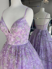 Gorgeous Purple Lace Lilac Prom Dresses V Neck Backless Long Evening Dresses