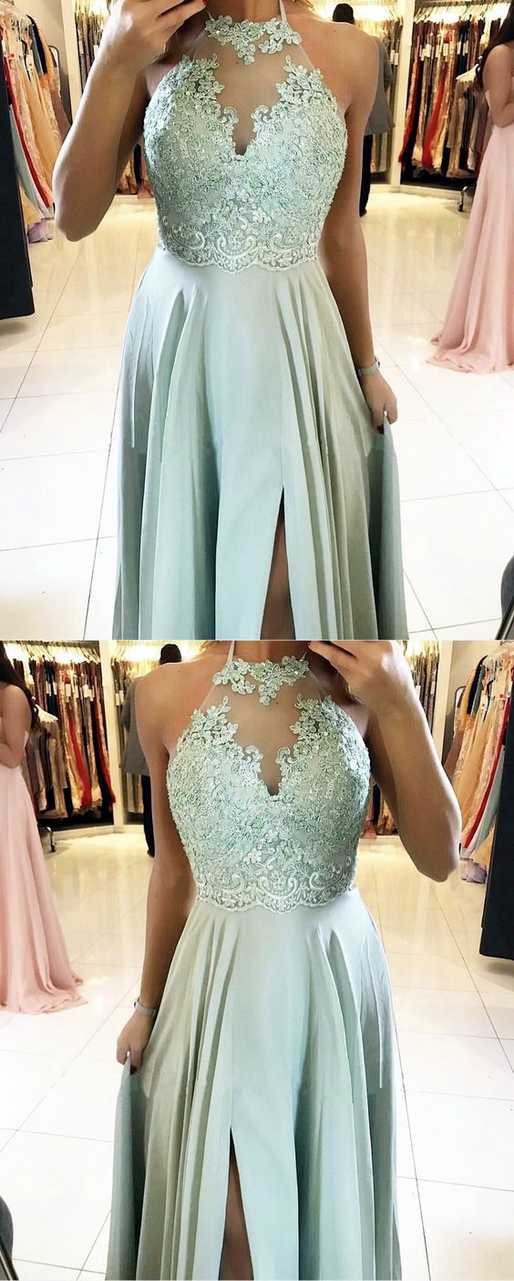 Long Halter Sage Green Prom Dresses Lace Chiffon Formal Dresses MyChicDress