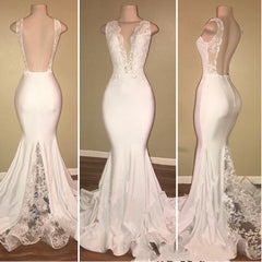 Long Mermaid V-Neck Lace White Prom Dresses - MyChicDress