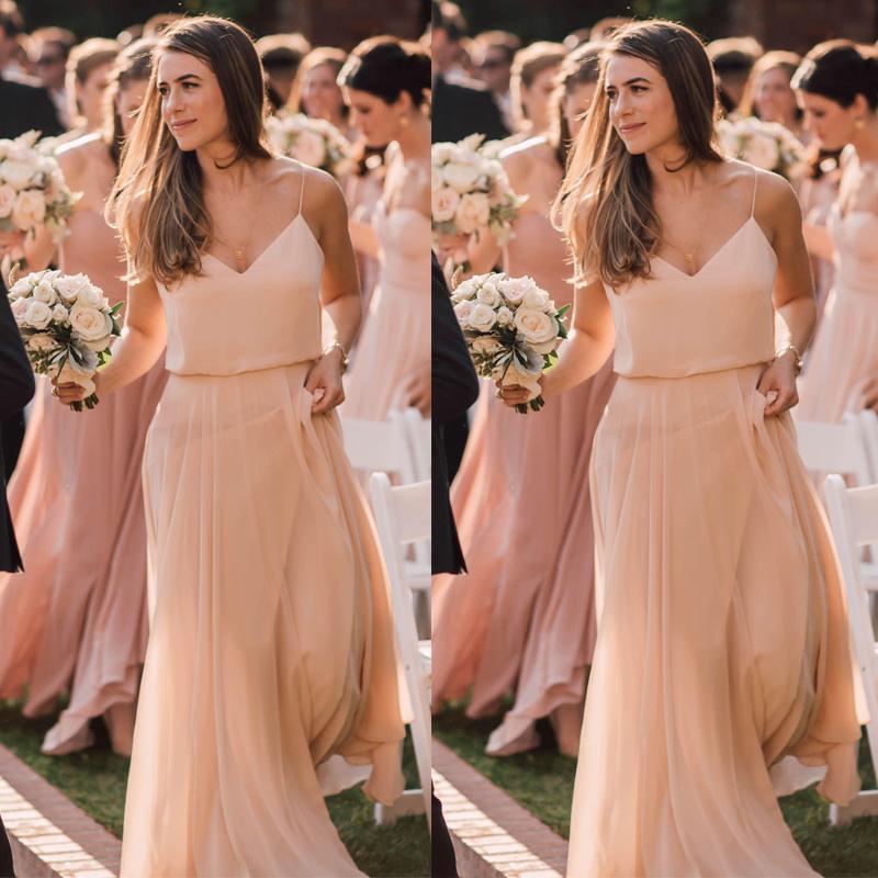 Long Pink Chiffon Bridesmaid Dresses V Neck Spaghetti-straps - MyChicDress