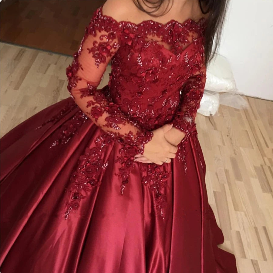 Long Sleeves Ball Gowns Burgundy Wedding Dresses Lace Quinceanera