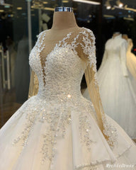 Long Sleeves Lace Applique Vintage Wedding Dresses Ball Gown Bridal Dress MyChicDress