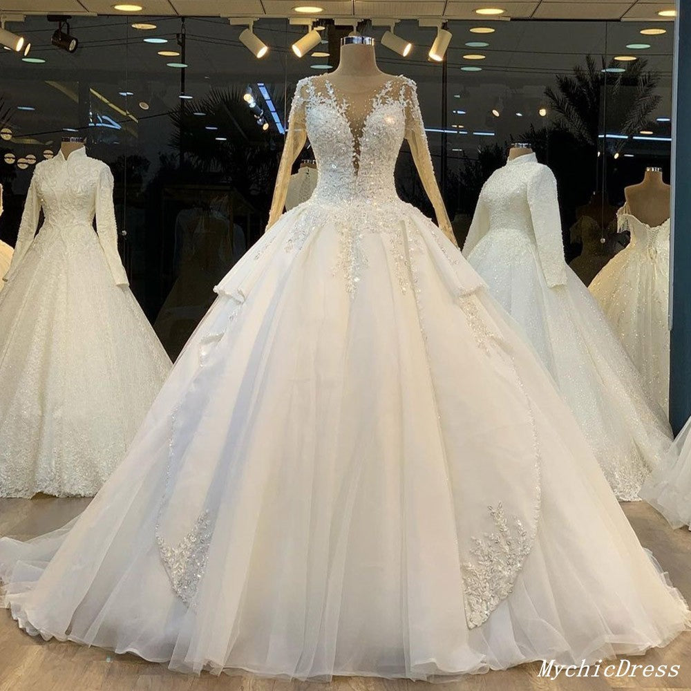 Long Sleeves Lace Applique Vintage Wedding Dresses Ball Gown Bridal Dress MyChicDress