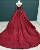 Long Sleeves Burgundy Satin Quince Dresses Plus Size Lace Appliques Bridal Gown