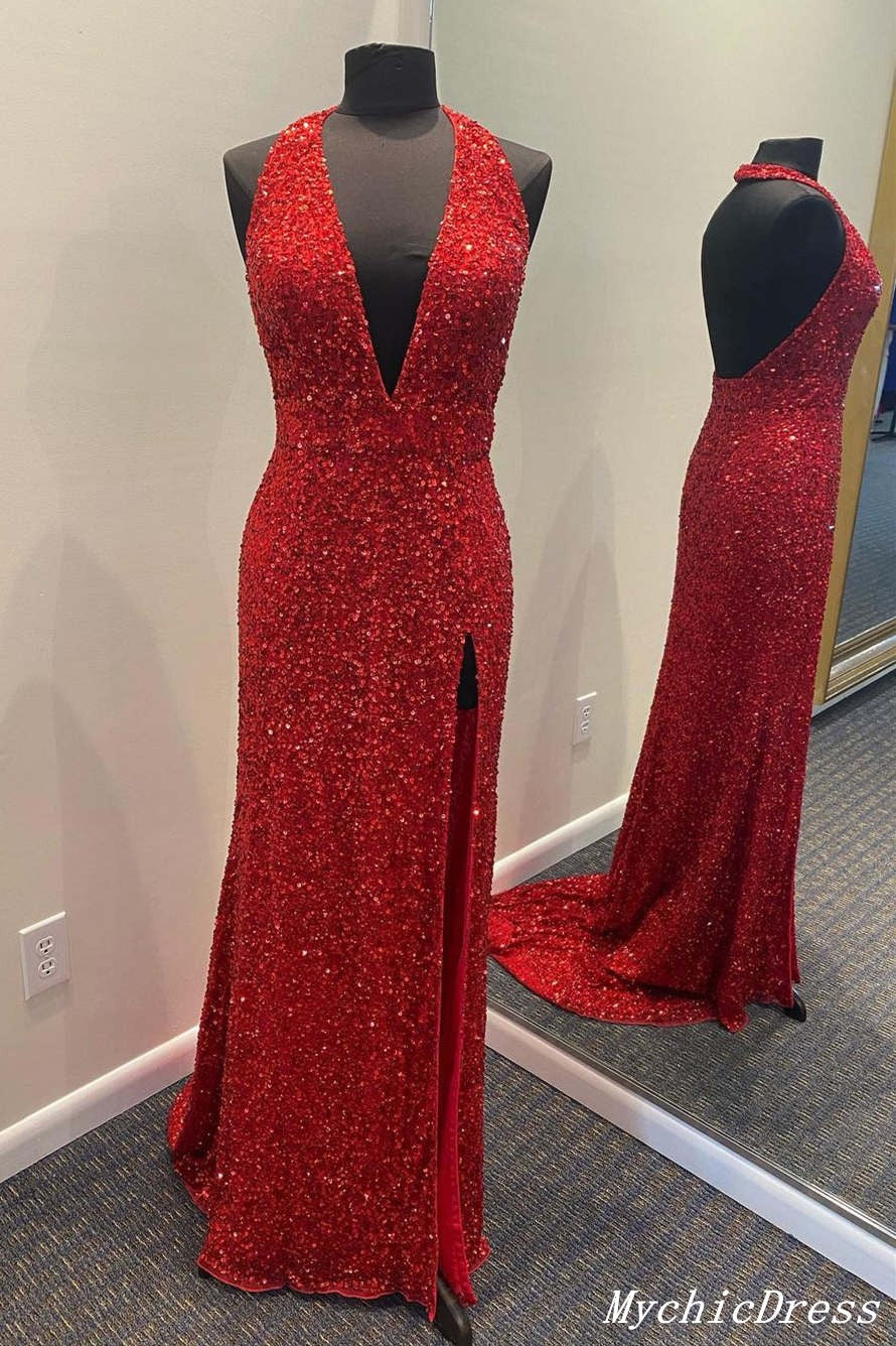 Long V Neck Halter Sequin Prom Dresses 2025 Red Evening Gown with Spli