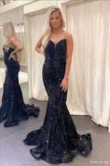 Floor Length Long Black Prom Dresses 2024 Sequin Mermaid Formal Dress