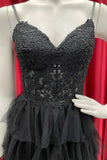 Long Black Tiered Prom Dresses V Neck Straps Beaded Appliques Lace Evening Dress